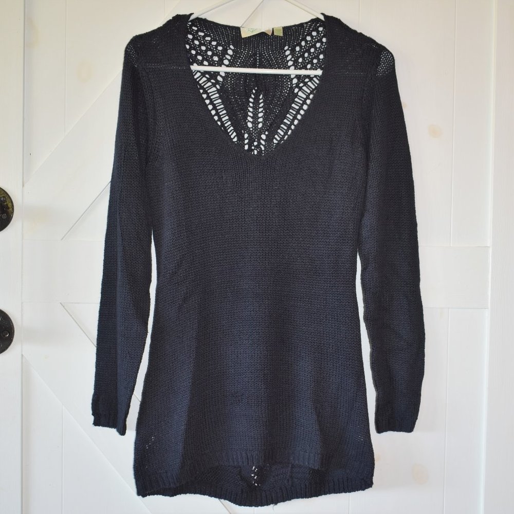 RD Style Stitch Fix boho open knit sweater long sleeve v neck navy blue size S